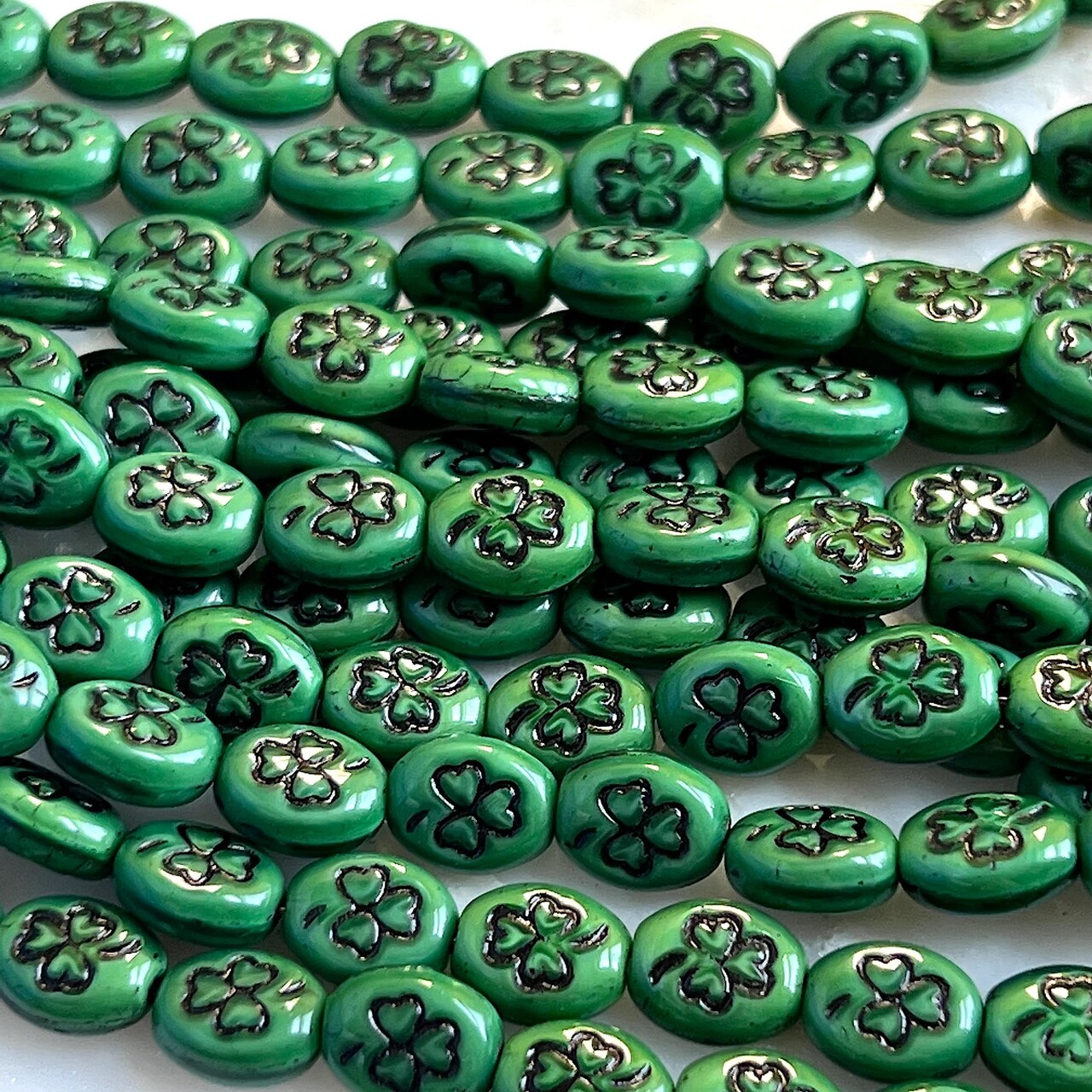 St. Patrick's Day Green and Black Shamrock Oval Czech Glass Bead 15 beads 10 x 9mm